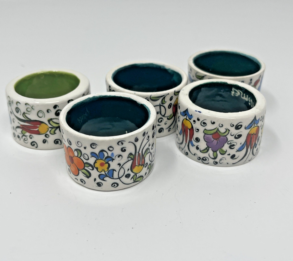 Hand Painted Turkish Napkin Rings Set Of 5 Classic Nimet Pottery Green Floral